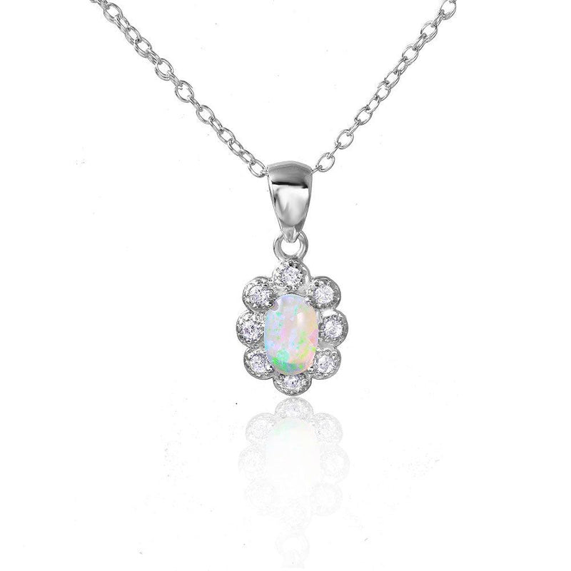 Silver 925 Rhodium Plated CZ Flower with Synthetic Opal Necklace - STP01502 | Silver Palace Inc.