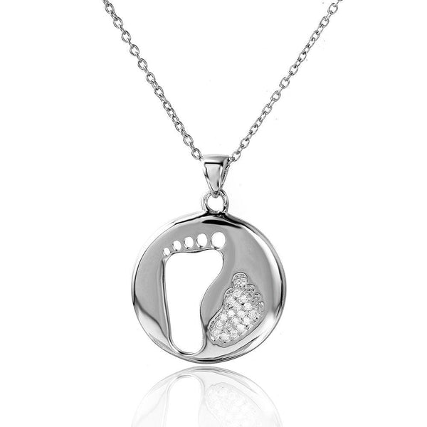 Silver 925 Rhodium Plated Cut Out and CZ Foot Print Necklace - STP01504 | Silver Palace Inc.