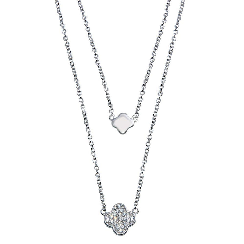 Silver 925 Rhodium Plated Double Chain Clover Necklace with CZ - STP01507 | Silver Palace Inc.