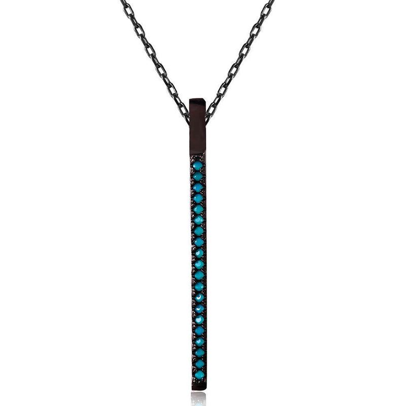 Silver 925 Black Rhodium Long Bar Necklace with Synthetic Turquoise Stones - STP01510 | Silver Palace Inc.
