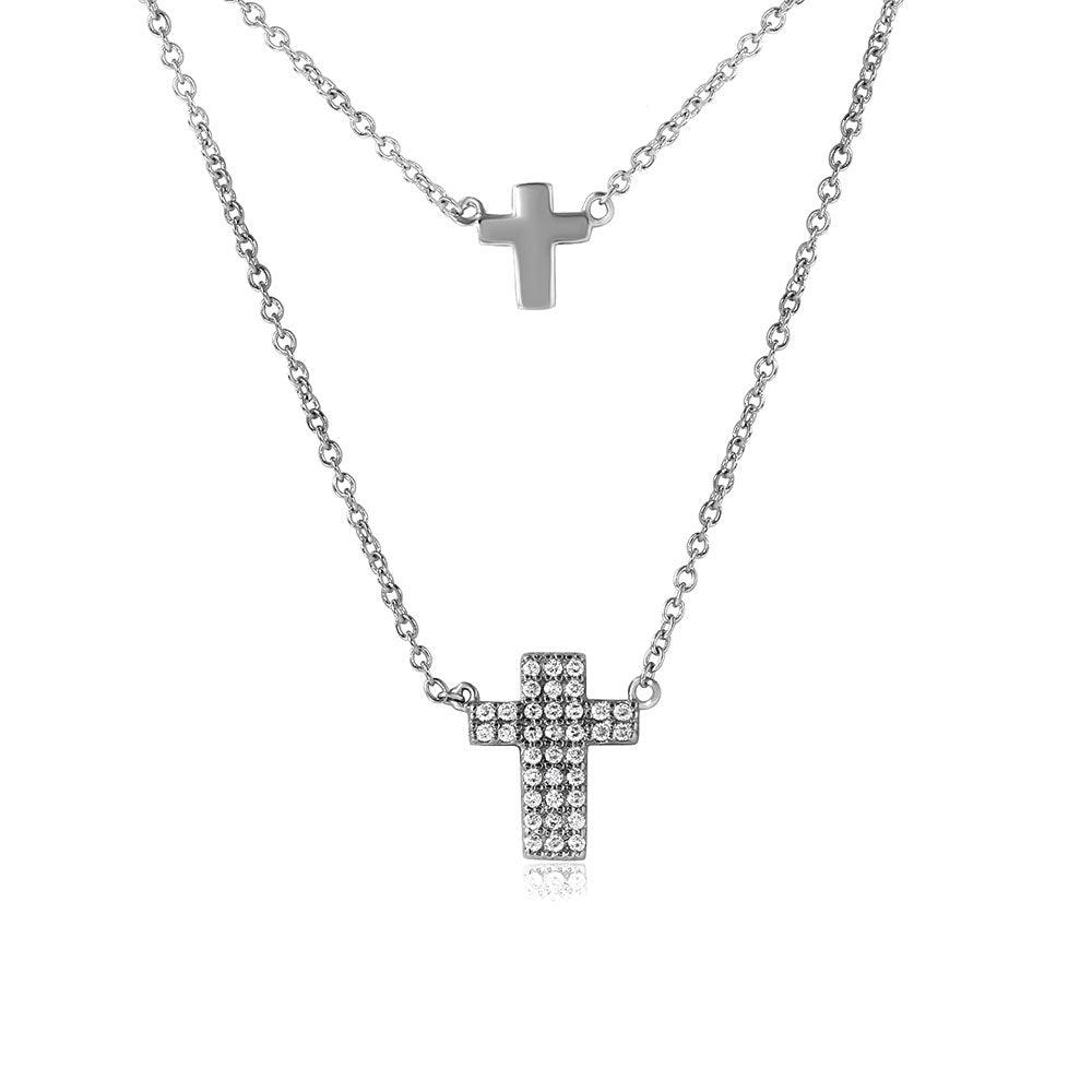 Silver 925 Rhodium Plated Double Cross Necklace with CZ - STP01516 | Silver Palace Inc.