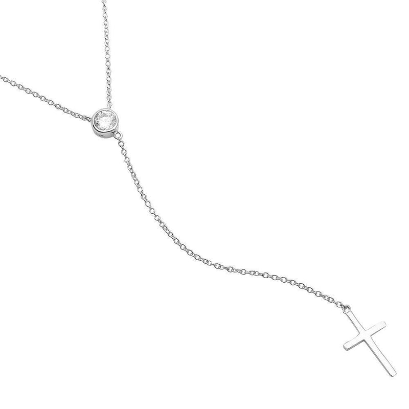 Silver 925 Rhodium Plated Single CZ Stone with Drop Cross Necklace - STP01519 | Silver Palace Inc.