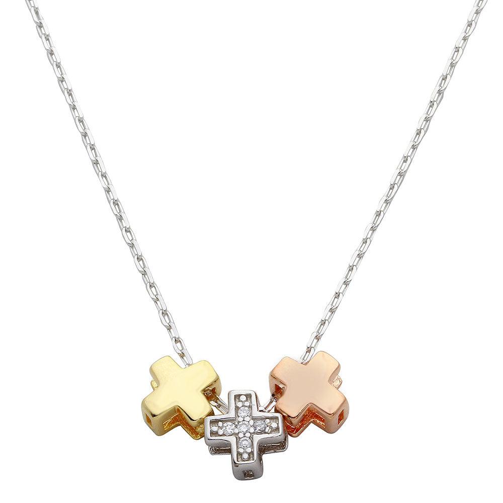 Silver 925 3 Toned Cross Charms Necklace STP01529 Silver Palace Inc.