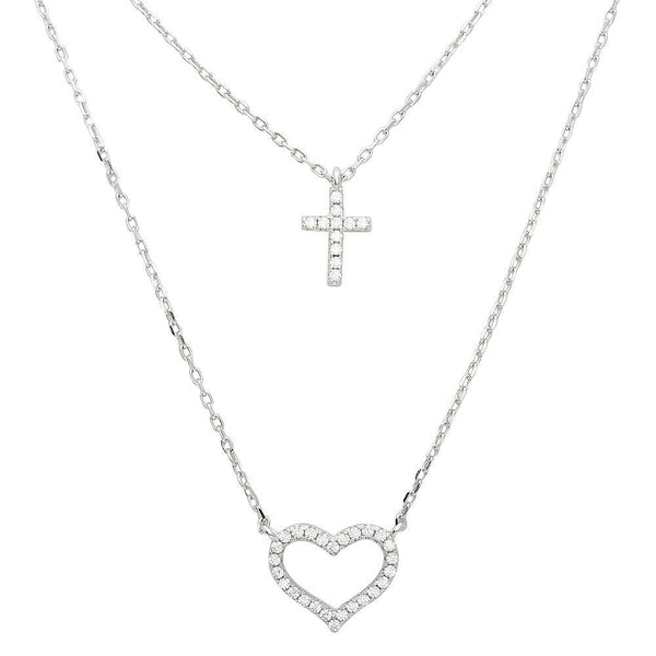 Silver 925 Rhodium Plated Double Chain CZ Cross and CZ Open Heart Necklace - STP01532 | Silver Palace Inc.