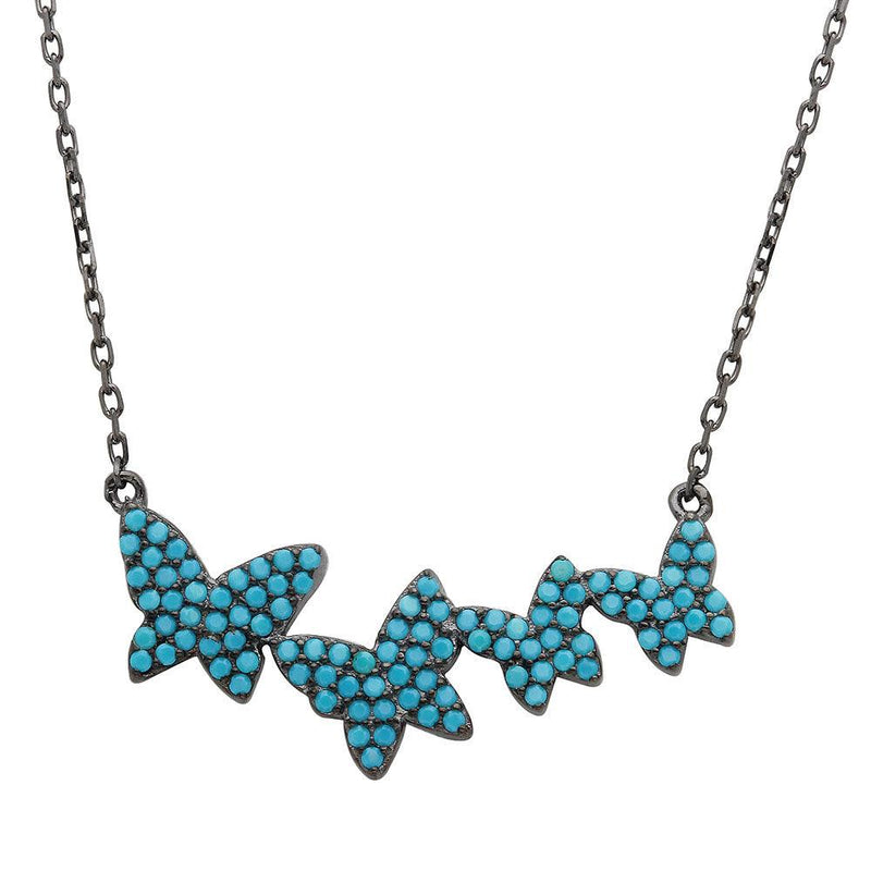 Silver 925 Black Rhodium Plated Graduated Turquoise Stones Encrusted Butterfly Necklace - STP01535BP | Silver Palace Inc.