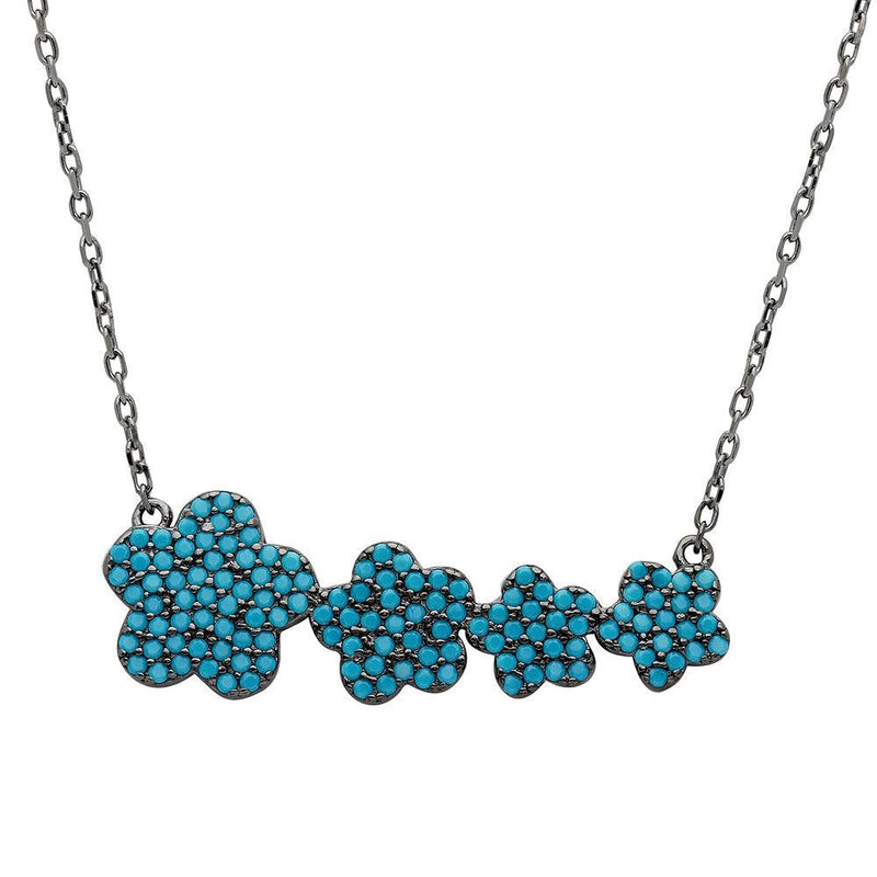 Silver 925 Black Rhodium Plated 4 Graduated Turquoise Encrusted Flower Necklace - STP01537BP | Silver Palace Inc.