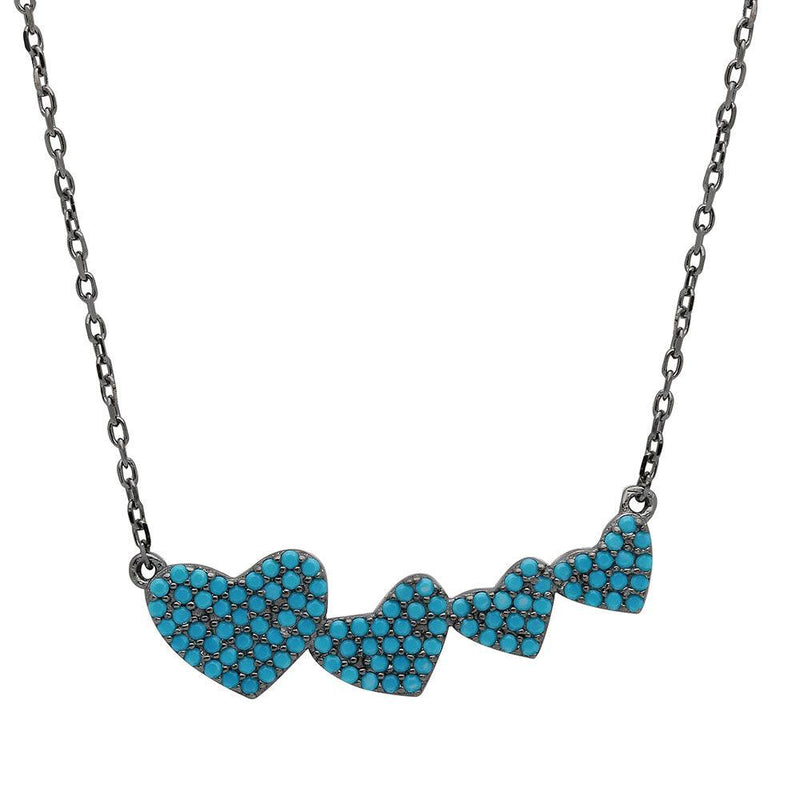 Silver 925 Black Rhodium Plated 4 Graduated Turquoise Encrusted Heart Necklace - STP01538BP | Silver Palace Inc.