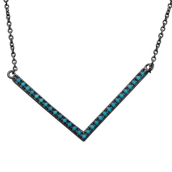 Silver 925 Black Rhodium Wide V Shape Turquoise Encrusted Necklace - STP01546BP | Silver Palace Inc.