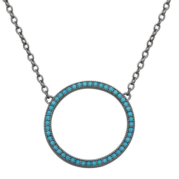 Silver 925 Black Rhodium Plated Open Circle Turquoise Encrusted Necklace - STP01547BP | Silver Palace Inc.