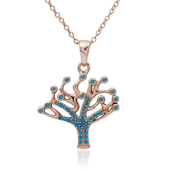 Silver 925 Rose Gold Plated Turquoise Stones Tree Necklace - STP01549 | Silver Palace Inc.
