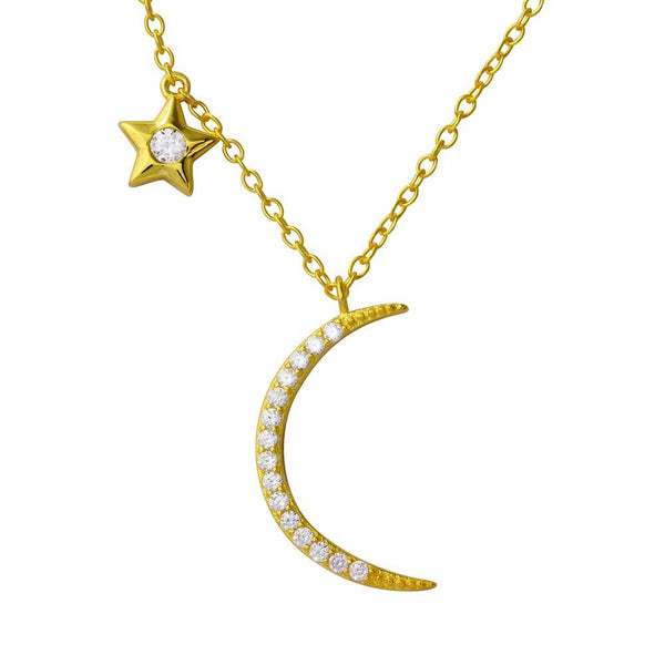 Silver 925 Gold Plated CZ Star and Crescent Moon Necklace - STP01558GP | Silver Palace Inc.