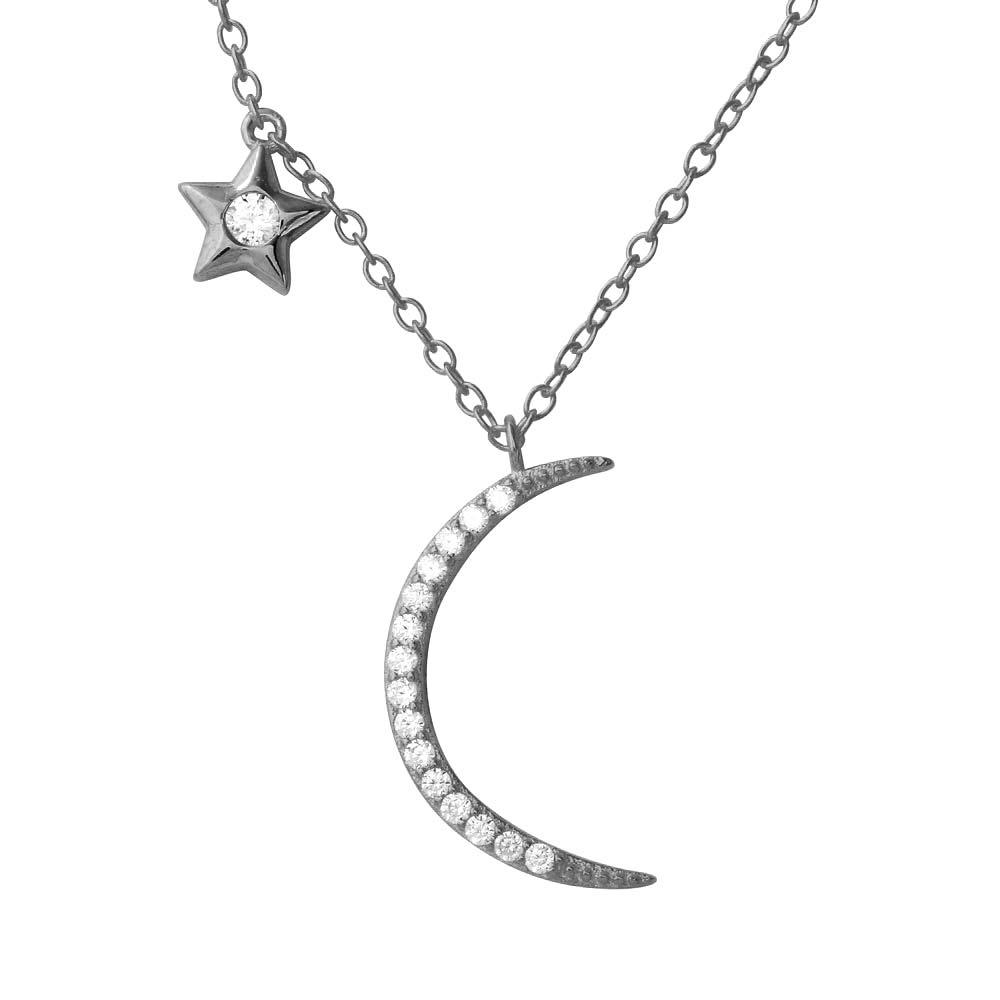 Silver 925 Rhodium Plated CZ Star and Crecsent Moon Necklace - STP01558RH | Silver Palace Inc.