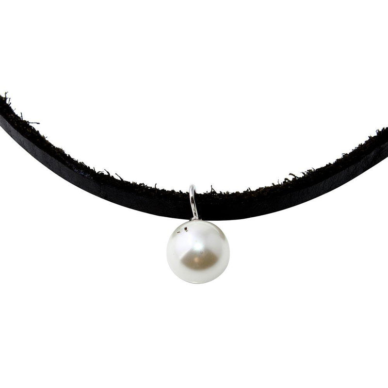 Black Leather Cord Choker with Synthetic Pearl - STP01562RH | Silver Palace Inc.
