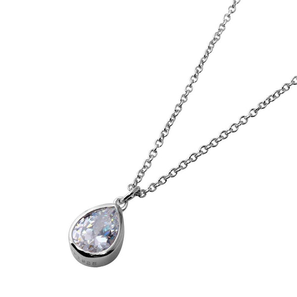 Silver 925 Rhodium Plated Collar with Dropped Clear Pear CZ Necklace - STP01581RH | Silver Palace Inc.