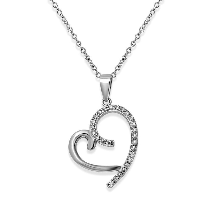 Rhodium Plated 925 Sterling Silver Curved Open Heart CZ Necklace - STP01585