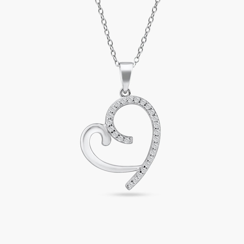 Silver 925 Rhodium Plated Curved Open Heart CZ Necklace - STP01585