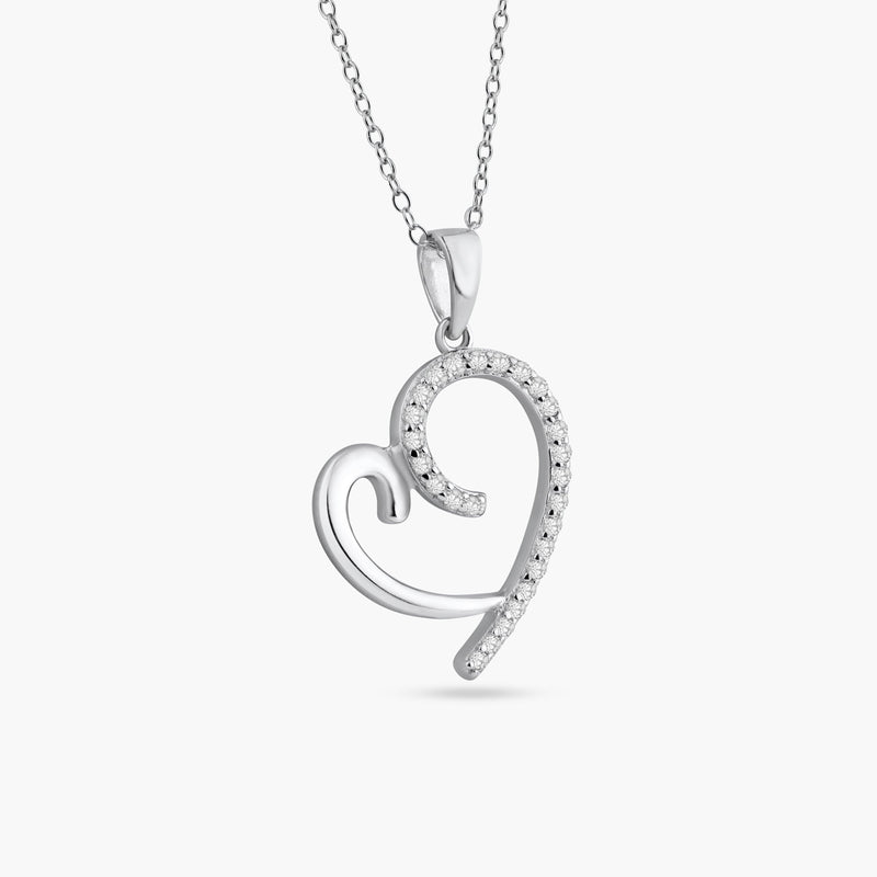 Silver 925 Rhodium Plated Curved Open Heart CZ Necklace - STP01585 | Silver Palace Inc.