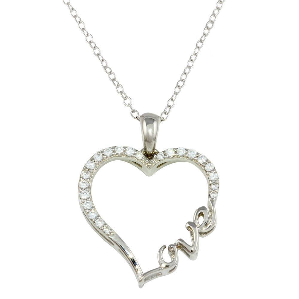 Silver 925 Rhodium Plated Heart and Love Word Necklace with CZ - STP01596 | Silver Palace Inc.