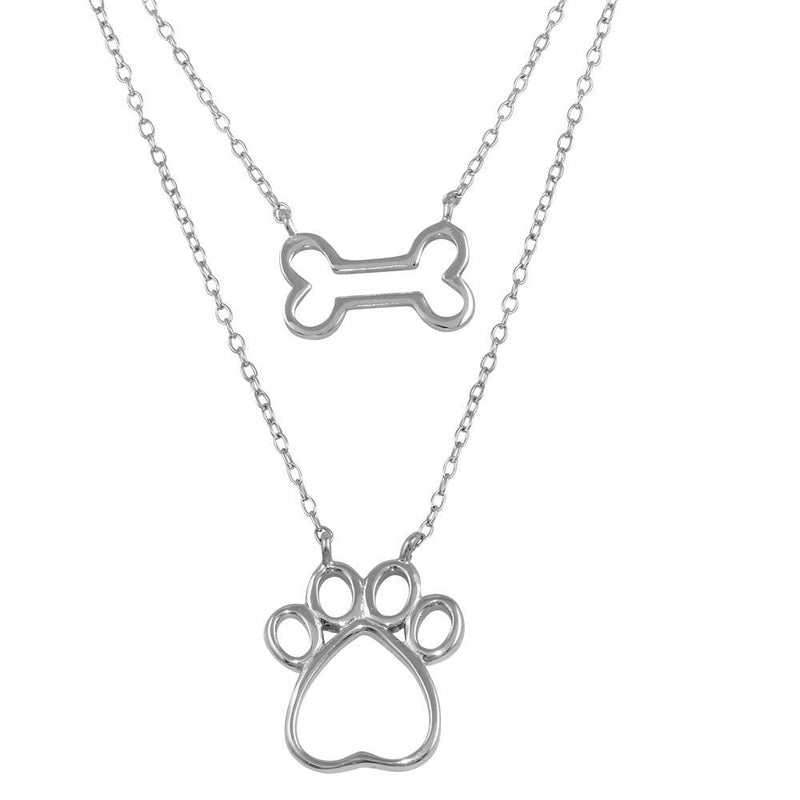 Silver 925 Rhodium Plated Two Piece Dog Bone and Paw Necklace - STP01603 | Silver Palace Inc.