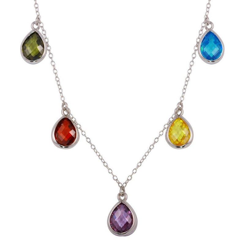 Silver 925 Rhodium Plated Multi-Colored Teardrop Necklace - STP01605 | Silver Palace Inc.