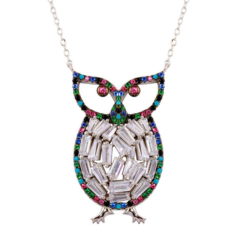 Silver 925 Rhodium Plated Multi-Colored Owl Pendant with CZ - STP01607 | Silver Palace Inc.
