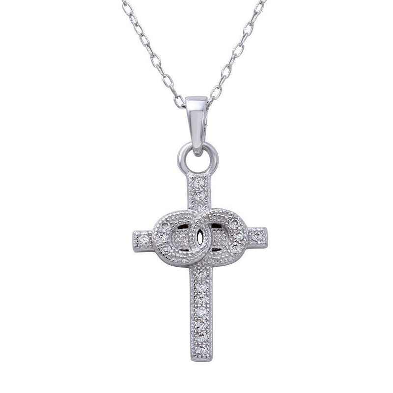 Silver 925 Rhodium Plated Small Cross Pendant with Linked Rings Center and CZ - STP01615 | Silver Palace Inc.