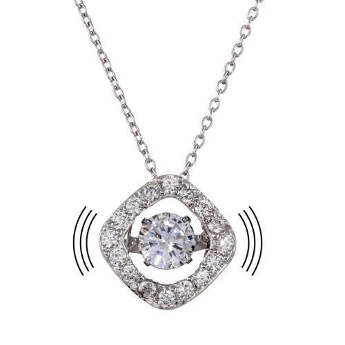 Silver 925 Rhodium Plated Open Square Pendant Necklace with Dancing CZ Stones - STP01633 | Silver Palace Inc.