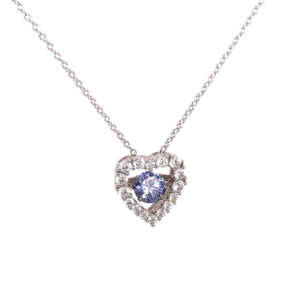 Silver 925 Rhodium Plated Open Heart CZ Pendant Necklace with Dancing CZ - STP01634BLU | Silver Palace Inc.