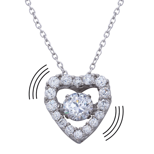 Silver 925 Rhodium Plated Open Heart CZ Pendant Necklace with Dancing CZ - STP01634 | Silver Palace Inc.