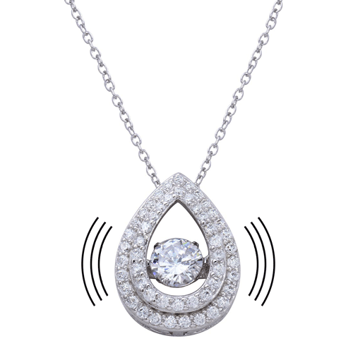 Silver 925 Rhodium Plated Open Teardrop Pendant Necklace with Dancing CZ - STP01636 | Silver Palace Inc.