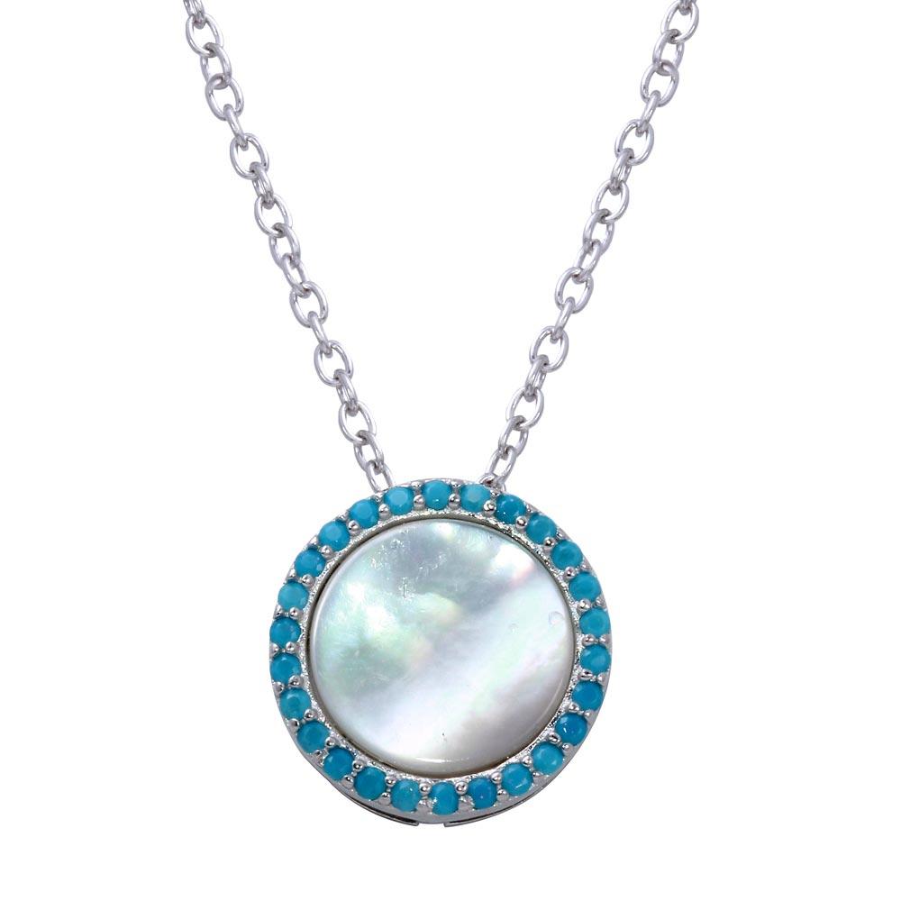 Silver 925 Rhodium Plated Round Opal Pendant Necklace with CZ - STP01649BLU | Silver Palace Inc.