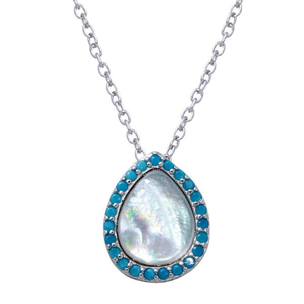 Silver 925 Rhodium Plated Opal Teardrop Pendant Necklace with Blue CZ - STP01651BLU | Silver Palace Inc.