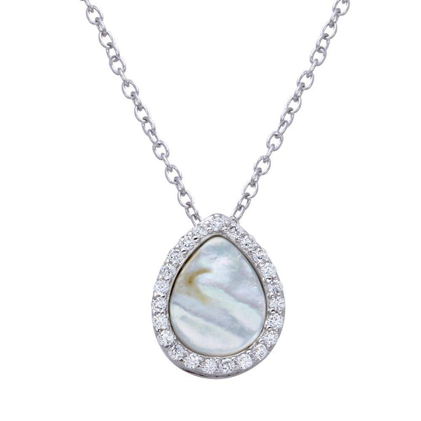 Silver 925 Rhodium Plated Opal Teardrop Pendant Necklace with CZ - STP01651CLR | Silver Palace Inc.