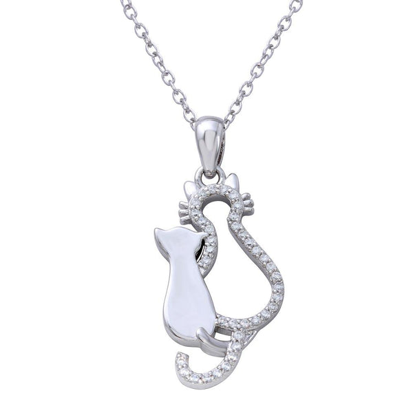 Silver 925 Rhodium Plated Open Cat and Kitten Necklace with CZ - STP01652 | Silver Palace Inc.