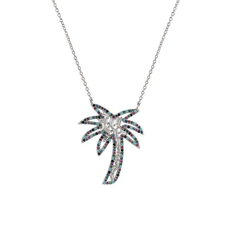 Silver 925 Rhodium Plated Multi Color CZ Palm Tree Necklace - STP01655 | Silver Palace Inc.