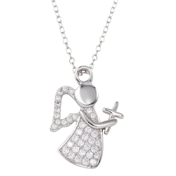 Silver 925 Rhodium Plated CZ Angel with Cross and Wings - STP01663 | Silver Palace Inc.
