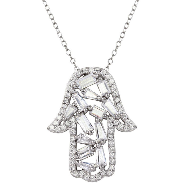 Silver 925 Rhodium Plated Hamsa Pendant Necklace with CZ - STP01666 | Silver Palace Inc.