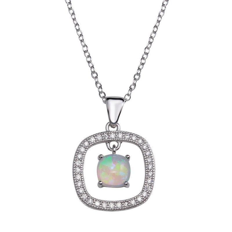 Silver 925 Rhodium Plated Open Rounded Square Pendant Necklace with Synthetic Opal and CZ - STP01680RH | Silver Palace Inc.