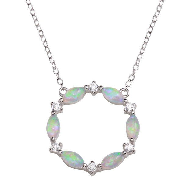 Silver 925 Rhodium Plated Open Circle Pendant with CZ and Synthetic Opal - STP01681RH | Silver Palace Inc.