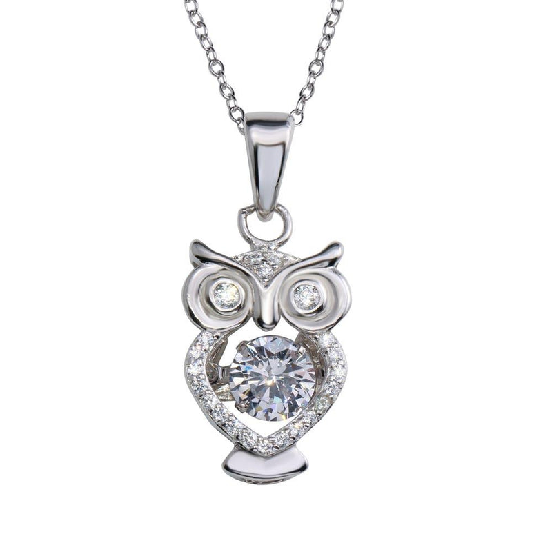 Silver 925 Rhodium Plated Owl Pendant Necklace with Dancing CZ - STP01683RH | Silver Palace Inc.