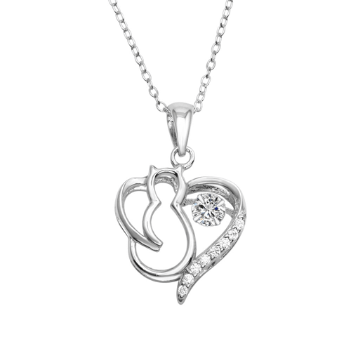 Silver 925 Rhodium Plated Cat Heart Necklace with Dancing CZ - STP01685 | Silver Palace Inc.