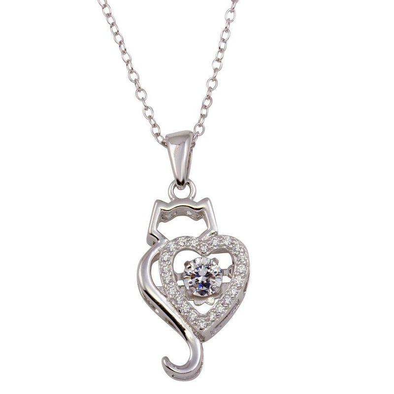 Silver 925 Rhodium Plated Dancing CZ Heart Cat Necklace - STP01695 | Silver Palace Inc.
