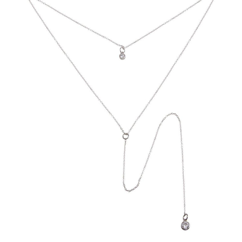 Silver 925 Rhodium Plated Double Chain Drop Necklace with CZ - STP01698RH | Silver Palace Inc.
