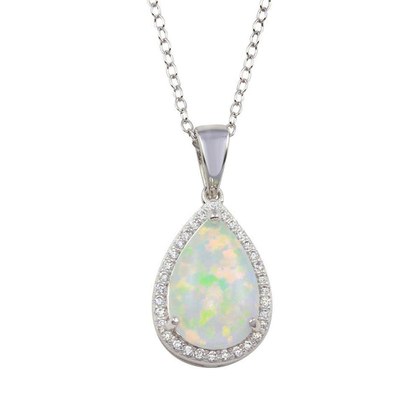 Silver 925 Rhodium Plated Teardrop Synthetic Opal Pendant Necklace with CZ - STP01711 | Silver Palace Inc.