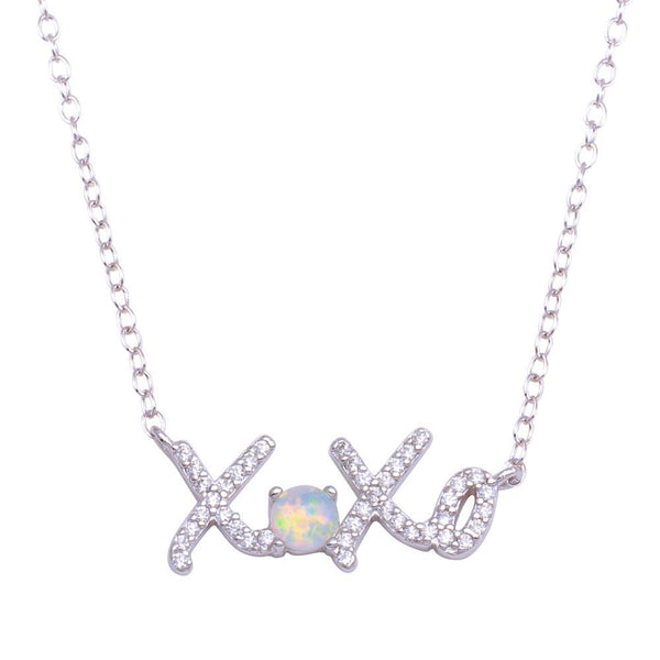 Silver 925 Rhodium Plated Round XOXO CZ Synthetic Opal Necklace - STP01715 | Silver Palace Inc.