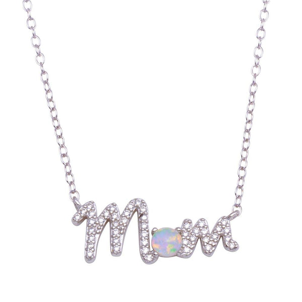 Silver 925 Rhodium Plated Round MOM CZ Synthetic Opal Necklace - STP01716 | Silver Palace Inc.