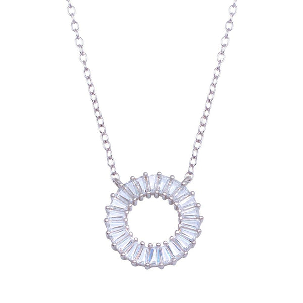 Silver 925 Rhodium Plated Open Circle Baguette CZ Necklace - STP01717 | Silver Palace Inc.