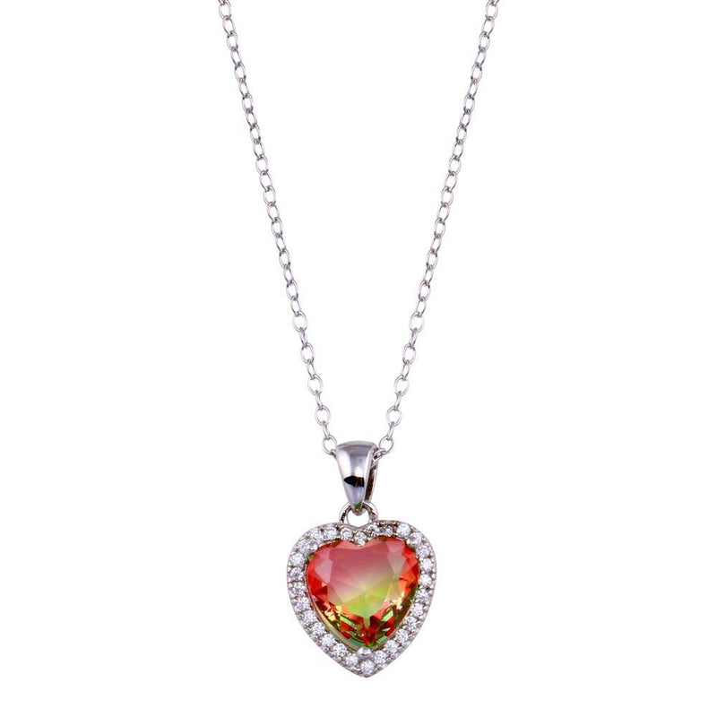 Silver 925 Rhodium Plated Halo Red and Green Gradient Heart CZ Necklace - STP01727 | Silver Palace Inc.