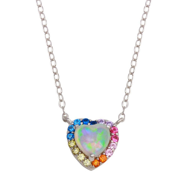 Silver 925 Rhodium Plated Rainbow Multi Color CZ Opal Hearts Necklace - STP01736 | Silver Palace Inc.