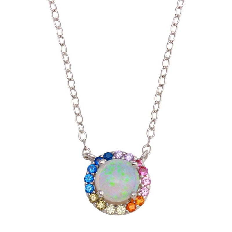 Silver 925 Rhodium Plated Rainbow Multi Color CZ Opal Round Necklace - STP01737 | Silver Palace Inc.